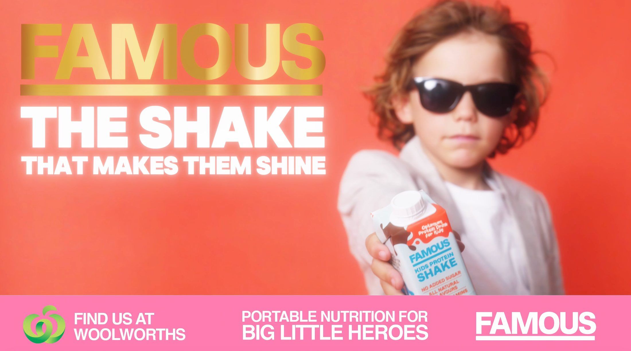 Famous TV spot: a child in sunglasses holds out a Famous kids protein shake