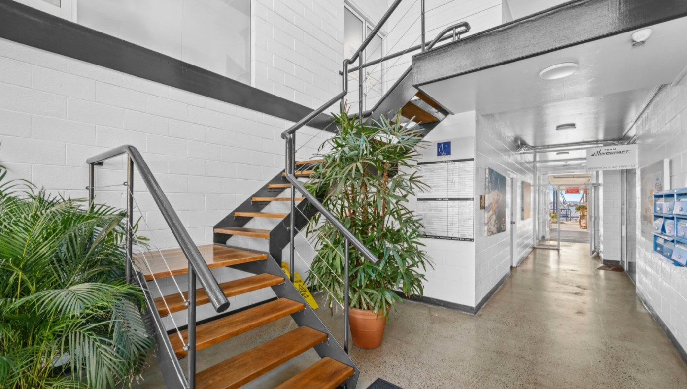 Entry hall with timber stairs and potted palms, leading through to the waterfront